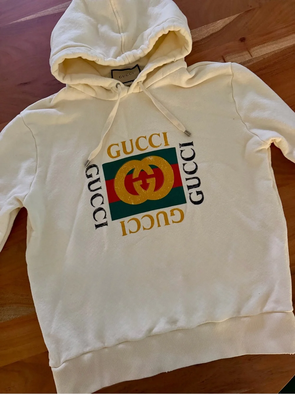 GUCCI Double Ring Logo Printed Hooded Drawstring Sweatshirt Ecru/Cream - XL